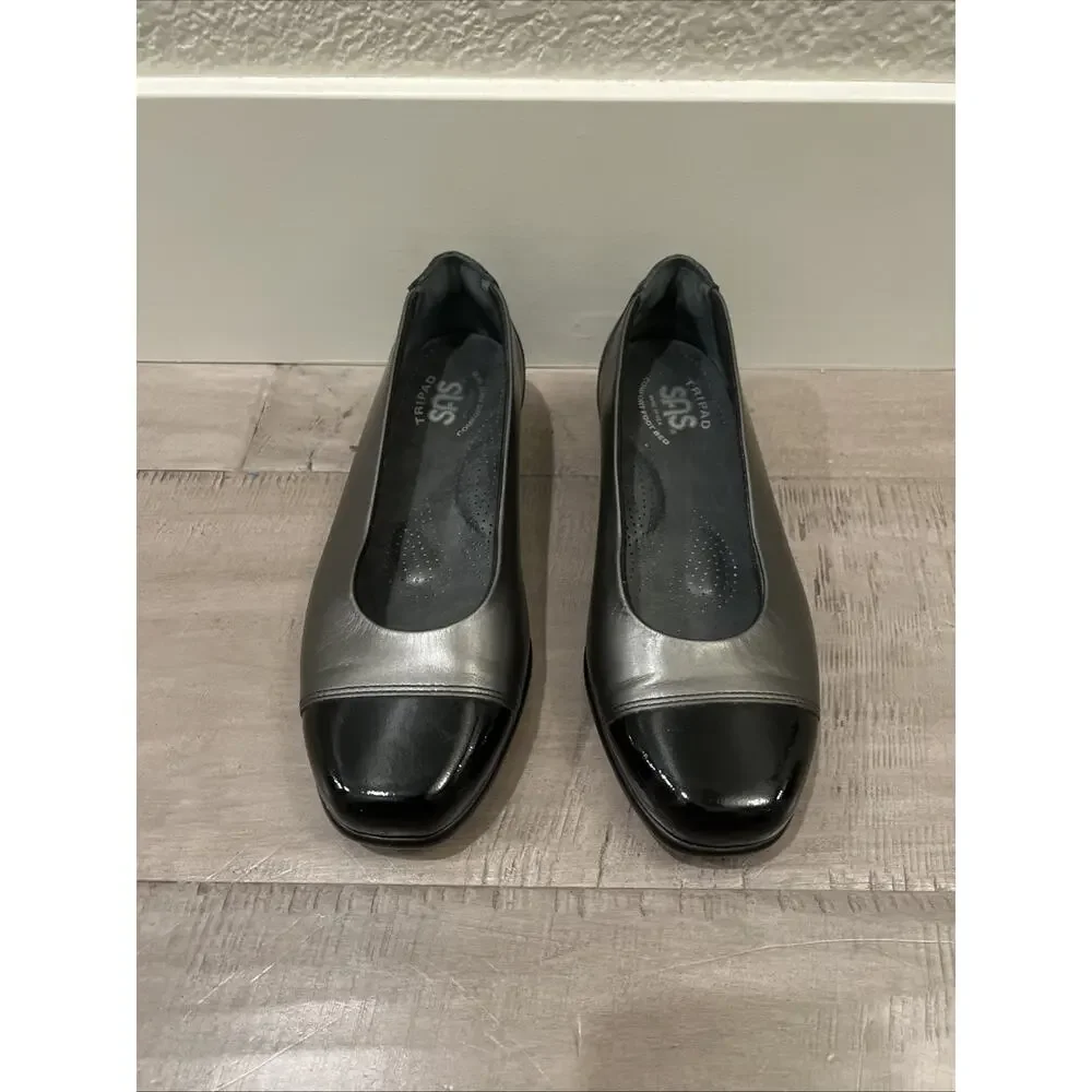 NEW SAS Tripad Comfort Leather Ballet Flats Graphite Black Cap Toe Slip On 6.5